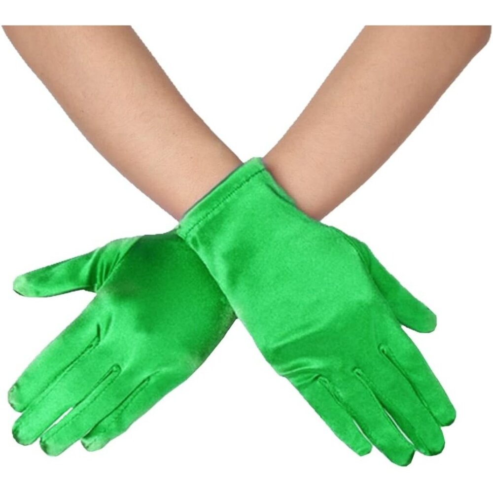 Women's Green Vintage Short Length Satin Fabric Mittens Wrist Gloves Designed